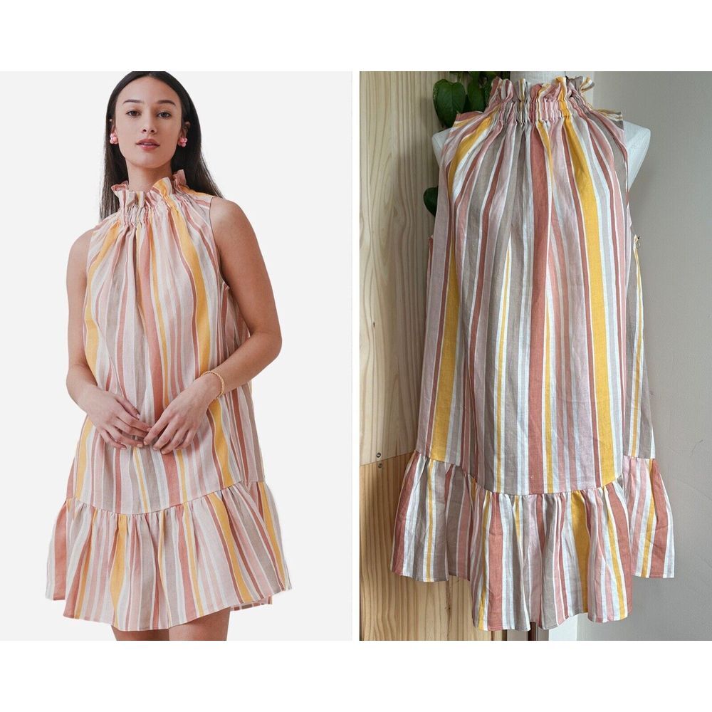 NWT Ephemera Linen Mini Dress $360 Women‎ US 8 Rainbow Sunset Stripe Ruffle Neck